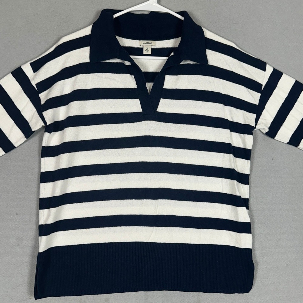 L.L. Bean Sweater Womens Medium Navy White Striped Polo Johnny Collar Cashmere